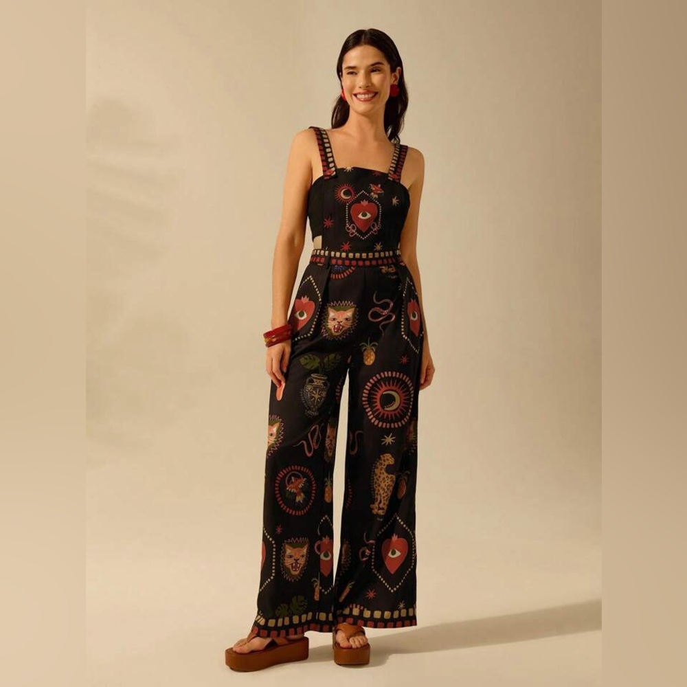 Cajuni Boho Leopard Devil's Eye Snake Bird Wide leg Jumpsuit Witchy SHEIN L - Picture 6 of 16